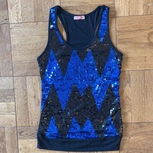 Body Central mesh sequined racer back zigzag geometric blue and black tank top S